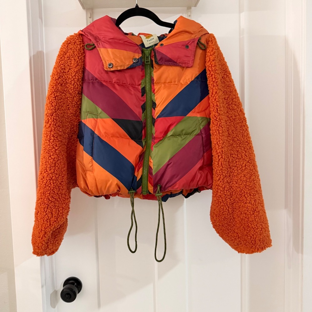 Farm Rio Juliana Stripes Puffer Jacket XS Hooded Crop Colorful Maximalist Boho